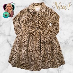 Kids Girls 8 Leopard Print Faux Fur Princess Cut Pea Coat Dress Coat Fuzzy Soft
